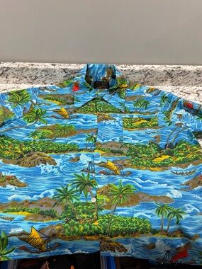 Van Cort Vintage Blue Tropical Island Print Button-Down Shirt